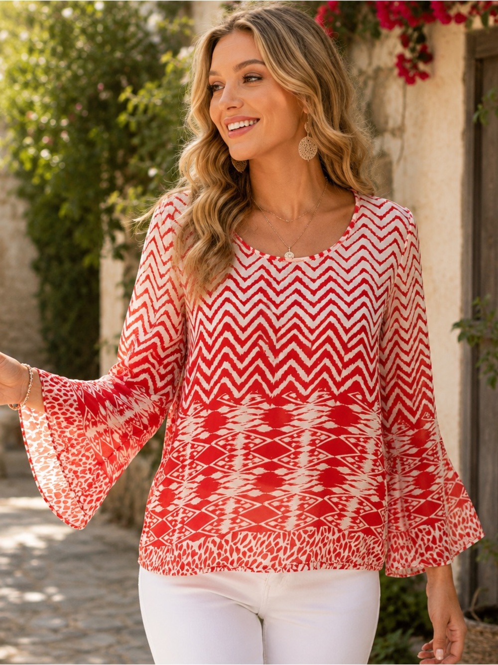 Umgee Boho Geometric Print Bell Sleeve Blouse Red White Size Large